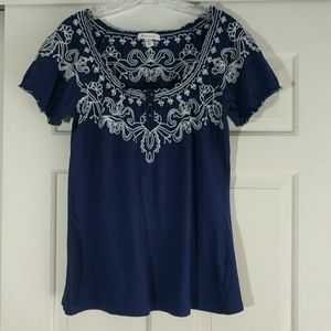 JM Collection Blue top with white embroidery, EUC, small